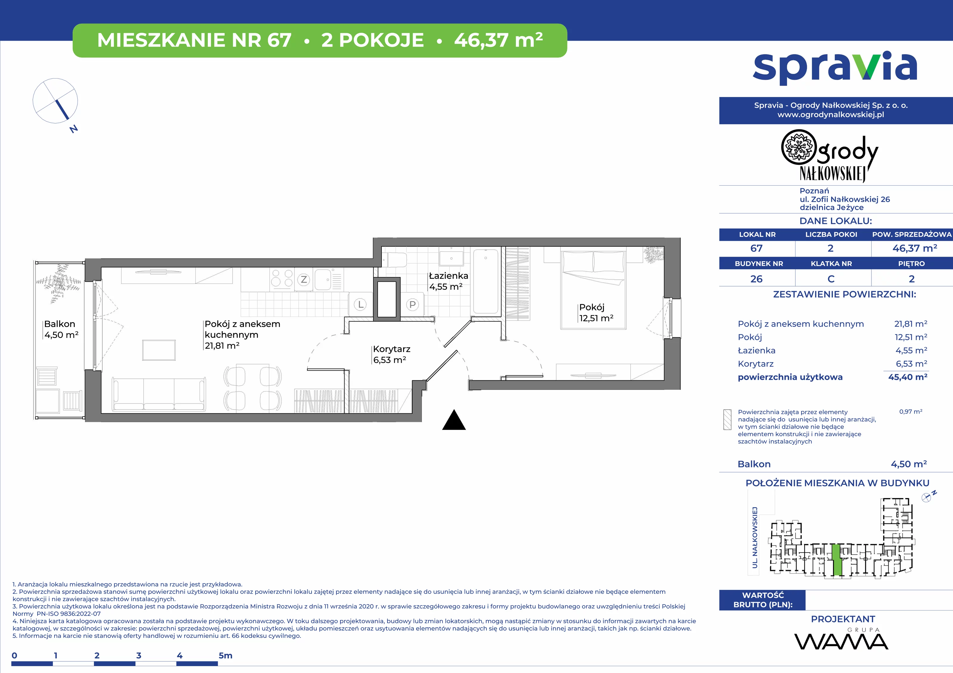 2 pokoje, mieszkanie 46,37 m², piętro 2, oferta nr 26-67, Ogrody Nałkowskiej, Poznań, Ogrody, ul. Nałkowskiej 24, 26